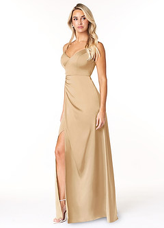 Azazie Marchella Bridesmaid Dresses Gold A-Line Corset Stretch Satin Dress image4