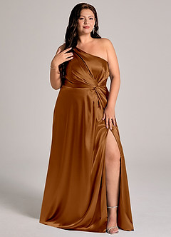 Azazie Brooke Bridesmaid Dresses Copper A-Line One Shoulder Metallic Satin Dress image12