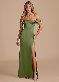 Azazie Saige Bridesmaid Dresses Olive A-Line Off the Shoulder Metallic Satin Convertible Dress image5