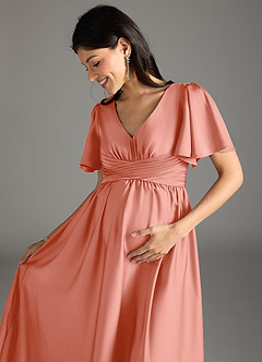 Azazie Verna Maternity Bridesmaid Dresses A-Line Ruched Stretch Satin Floor-Length Dress image1