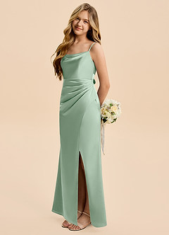 Azazie Christen Junior Agave Sheath Pleated Stretch Satin Dress image3