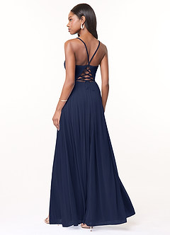 Azazie Marsol Bridesmaid Dresses Dark Navy A-Line Corset Mesh Dress image2