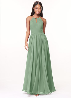 Azazie Cherish Vestidos de damas de honor Vestido de Matcha de Gasa de Corte en A con Plisado image4