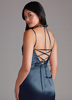 Desi Navy Sheath Pleated Metallic Satin Dress image4