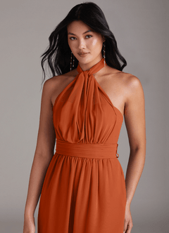 Azazie Lamara Robes de demoiselle d'honneur Combinaison Convertible en Mousseline de soie Épaule décolletée Orange Brûlée image2