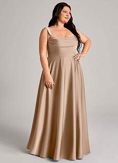 Azazie Shaude Bridesmaid Dresses Taupe A-Line Pleated Stretch Satin Dress image10