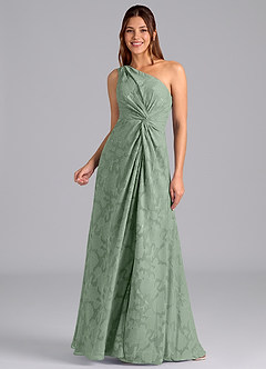Azazie Brooke Vestidos de damas de honor Vestido de Matcha de Devorado Floral de Corte en A con Hombro unilateral image5
