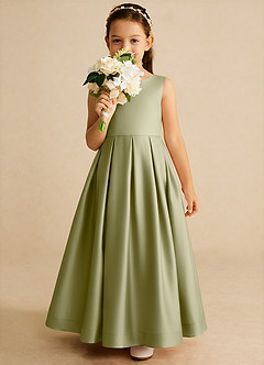 Azazie Cailee Flower Girl Dresses Moss Green Ball-Gown Pleated Matte Satin Dress image3