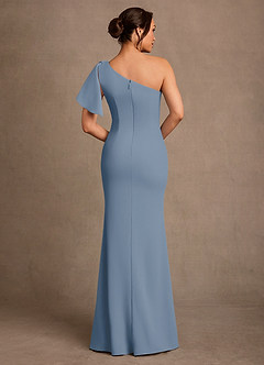 Azazie Haddie At-home Try On Dresses Dusty Blue Sheath One Shoulder Stretch Crepe Dress image2
