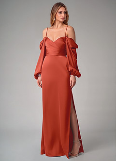 Azazie Sonata Bridesmaid Dresses Rust Sheath Long Sleeve Stretch Satin Convertible Dress image7