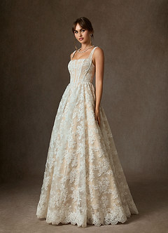 Azazie Geneva Wedding Dresses Diamond White Champagne Ball-Gown Square Neckline Lace Dress image6