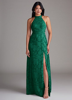 Azazie Clarice Bridesmaid Dresses Emerald A-Line Side Slit Floral Burnout Dress image4