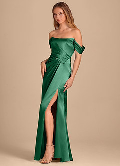 Azazie Shea Bridesmaid Dresses Dark Green Mermaid Off the Shoulder Metallic Satin Convertible Dress image3