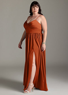 Azazie Zeya Vestidos de damas de honor Vestido de Naranja Quemada de Satén Elástico de Corte en A con Plisado image13