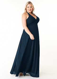Azazie Tessie Vestidos de damas de honor Vestido Azul Marino Oscuro de Gasa de Línea A con Cuello en V plisado image8