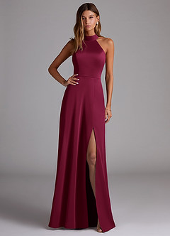 Azazie Myra Robes de demoiselle d'honneur Robe Trapèze en Satin extensible Col haut Bourgogne image1