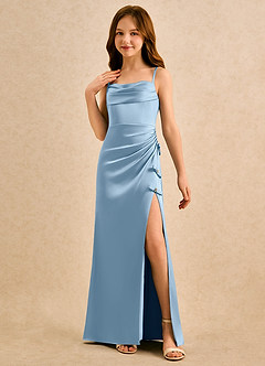 Azazie Bundt Girls Formal Flower Girl Dresses Powder Blue A-Line Pleated Stretch Satin Dress image4