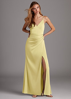 Azazie Shania Bridesmaid Dresses Lemon Sorbet Sheath V-Neck Pleated Stretch Satin Dress image3