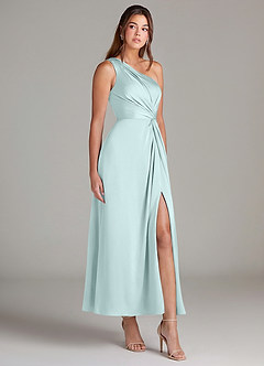 Azazie Brooke Bridesmaid Dresses Sea Glass A-Line One Shoulder Stretch Satin Dress image4
