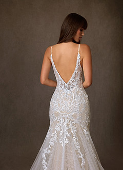 Azazie Selene Final Sale Diamond White Champagne Mermaid V-Neck Lace Dress image5