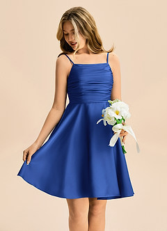 Azazie Miko Junior Royal Blue A-Line Pleated Stretch Satin Dress image4