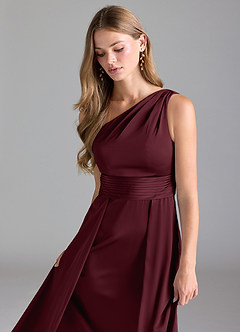Azazie Dallas Vestidos de damas de honor Vestido de Cabernet de Satén Elástico de Corte en A con Hombro unilateral image6