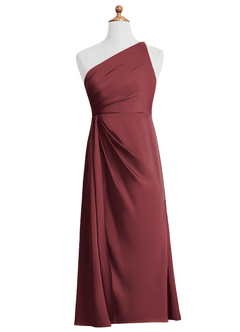 Azazie Mika Junior Robe Trapèze en Satin extensible Plissée Merlot image2