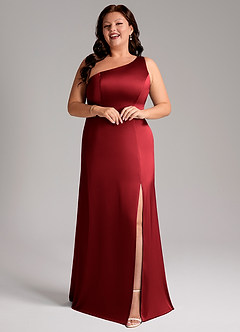 Azazie Phaedra Bridesmaid Dresses Scarlet A-Line One Shoulder Stretch Satin Dress image6