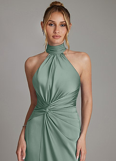 Azazie Gracelynn Bridesmaid Dresses Silver Sage Sheath Pleated Stretch Satin Dress image3