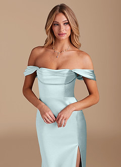Azazie Saige Bridesmaid Dresses Mist A-Line Off the Shoulder Metallic Satin Convertible Dress image3