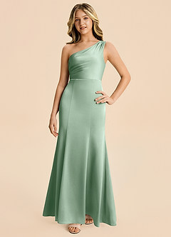 Azazie Ren Junior Agave A-Line Pleated Stretch Satin Dress image4
