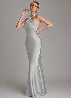 Azazie Reign Robes de demoiselle d'honneur Robe Sirène en Satin extensible Plissée Argent image6