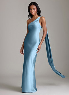 Azazie Galinda Brudtärnklänningar Klä av Sjöjungfru i Stretch Satin Ena axeln Stålblå image1