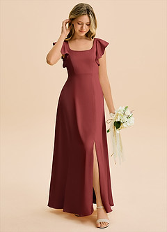 Azazie Bondi Junior Terracotta A-Line Side Slit Stretch Satin Dress image3