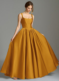 Azazie Verina Abiti da Damigella Abito A-Line in Raso Elasticizzato Plissettato Caramello image5