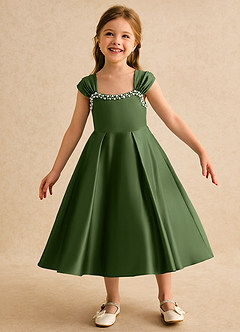 Azazie Yosemite Flower Girl Dresses Olive Ball-Gown Sweetheart Neckline Matte Satin Dress image3