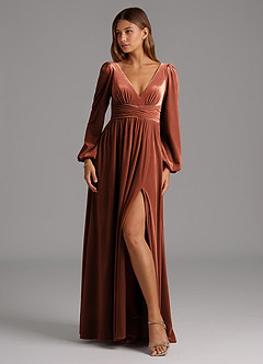 Azazie Norah Bridesmaid Dresses Terracotta A-Line Long Sleeve Velvet Dress image1