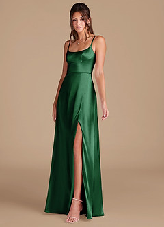 Azazie Halsey Vestidos de damas de honor Vestido de Verde Oscuro de Satén Metálico de Corte en A con Corte Lateral image4