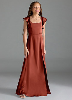 Azazie Bondi Junior Terracotta A-Line Side Slit Stretch Satin Dress image3