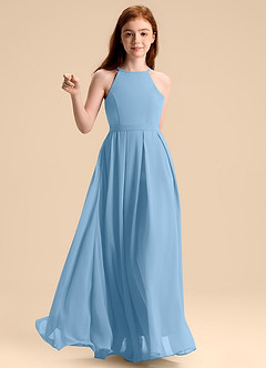 Azazie Arianthe Junior Abito A-Line in Chiffon Plissettato Blu Acciaio image6