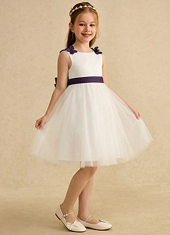 Azazie Lona Abiti da Ragazza di Fiori Abito A-Line in Raso Opaco Fiocco Avorio Prugna image1