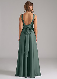 Azazie Kora At-home Try On Dresses Dusty Blue A-Line Pleated Stretch Satin Dress image5