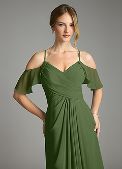 Azazie Dakota Bridesmaid Dresses Olive A-Line V-Neck Pleated Chiffon Dress image7