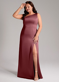 Azazie Phaedra Vestidos de damas de honor Vestido de Rosa Del Desierto de Satén Elástico de Corte en A con Hombro unilateral image3