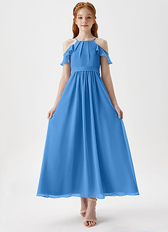 Azazie Chaya Junior Blue Jay A-Line Off the Shoulder Chiffon Dress image4
