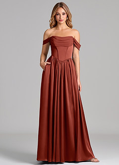 Azazie Raisa Robes de demoiselle d'honneur Robe Trapèze en Satin extensible Épaule décolletée Terracotta image1