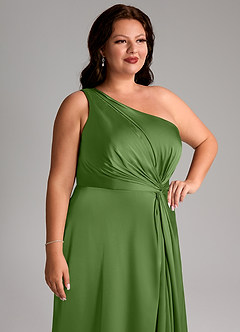 Azazie Brooke Vestidos de damas de honor Vestido de Albahaca de Satén Elástico de Corte en A con Hombro unilateral image14