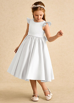 Azazie Dumpling Flower Girl Dresses White A-Line Bow Matte Satin Dress image4