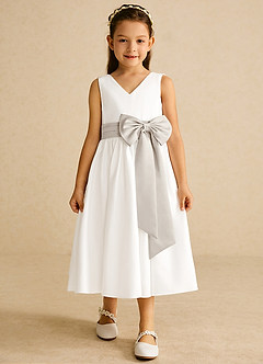 Azazie Darling Flower Girl Dresses Ivory Frost A-Line Bow Cotton Dress image4