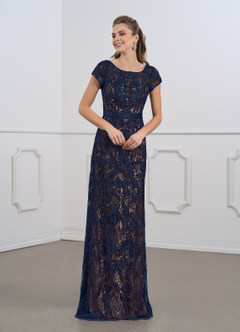 Azazie Dorit Mother of the Bride Dresses Dark Navy Champagne Sheath Scoop Lace Dress image1